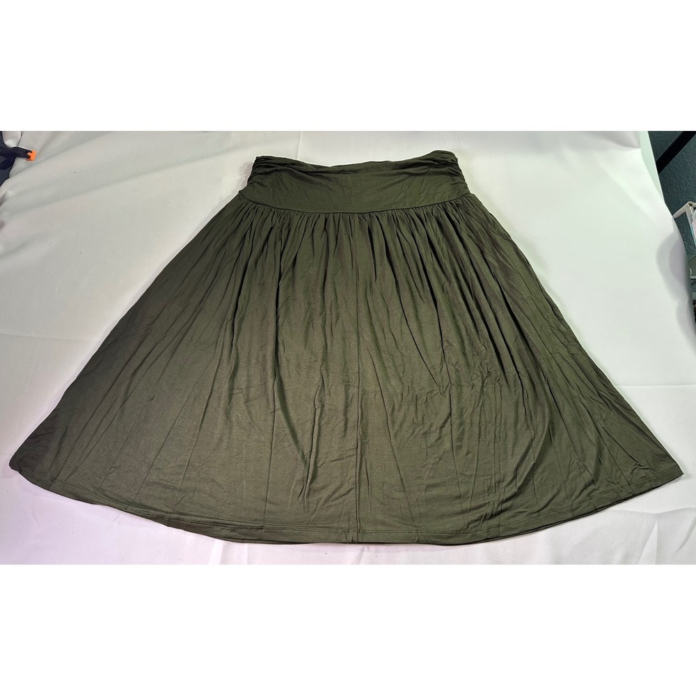 NWT Simlu Women's‎ 2X Olive Green Midi Skirt Pockets Foldover Ruched Waist Flowy